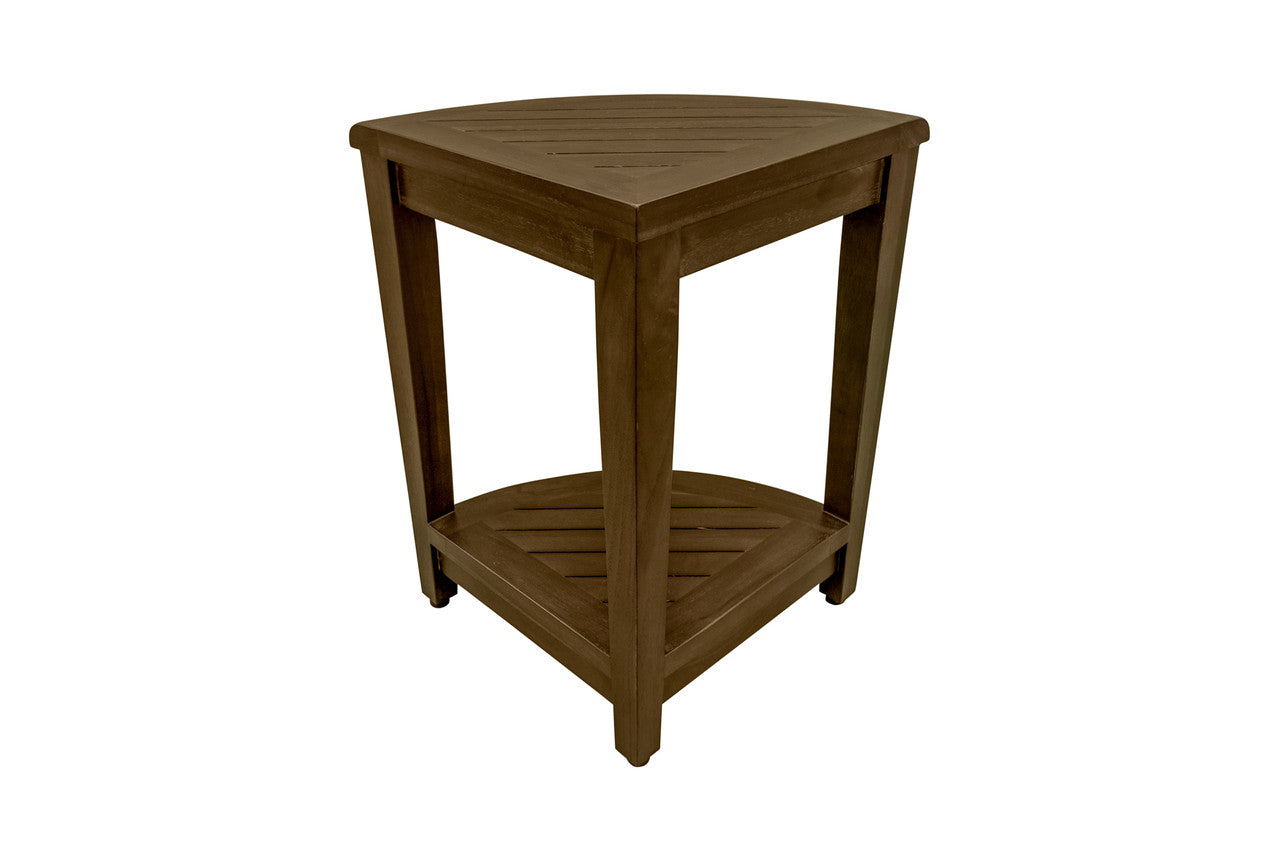 Curvilinear Dark Brown Teak 18" Corner Shower Bench With Shelf-2