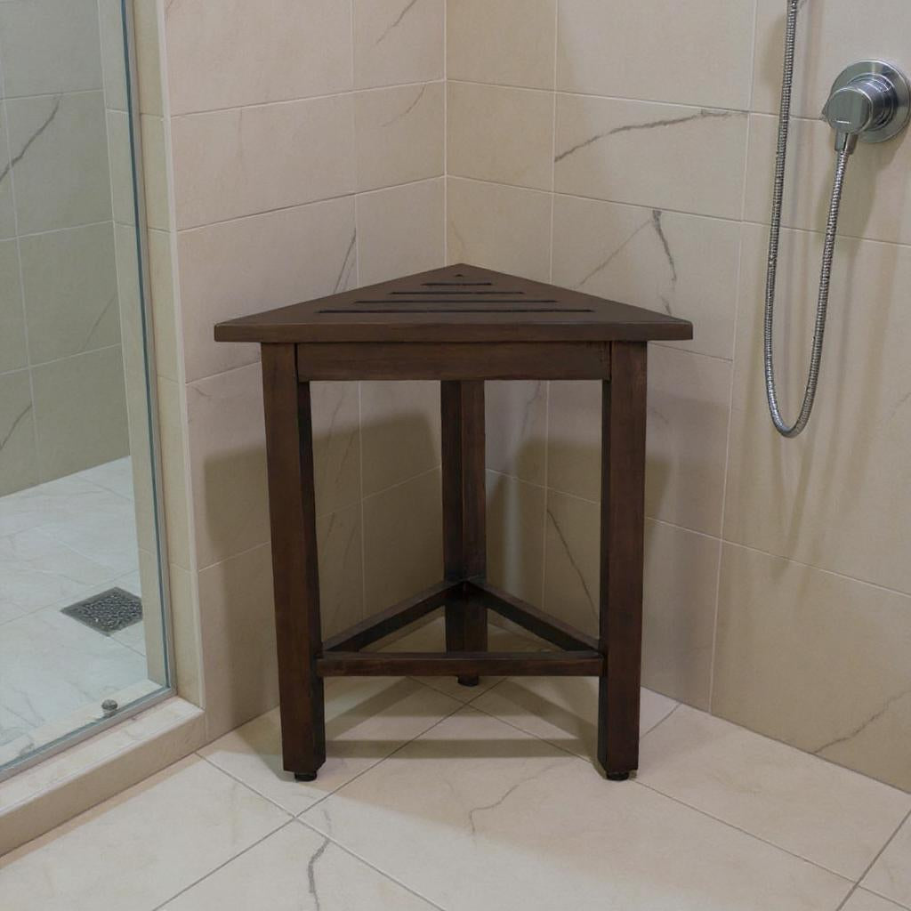 17" Dark Brown Teak Corner Shower Bench-0