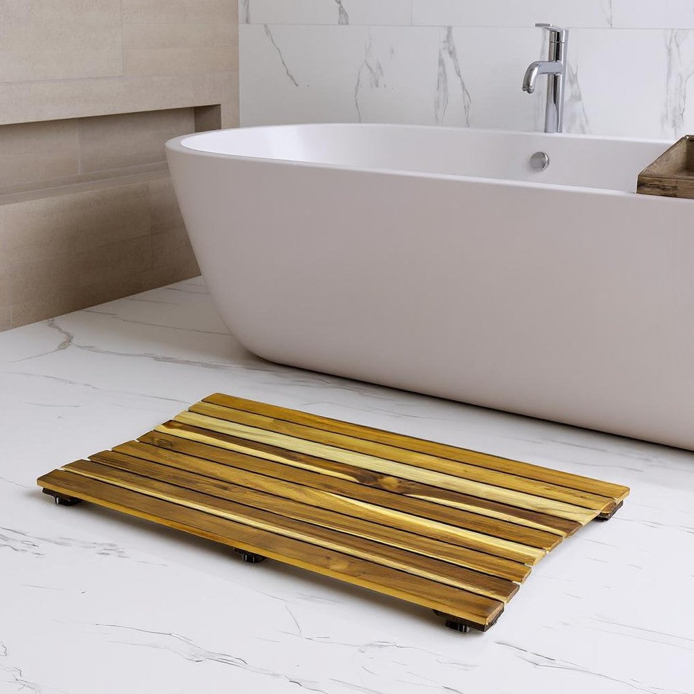 23" Brown Teak Slat Non Slip Bath Mat-0