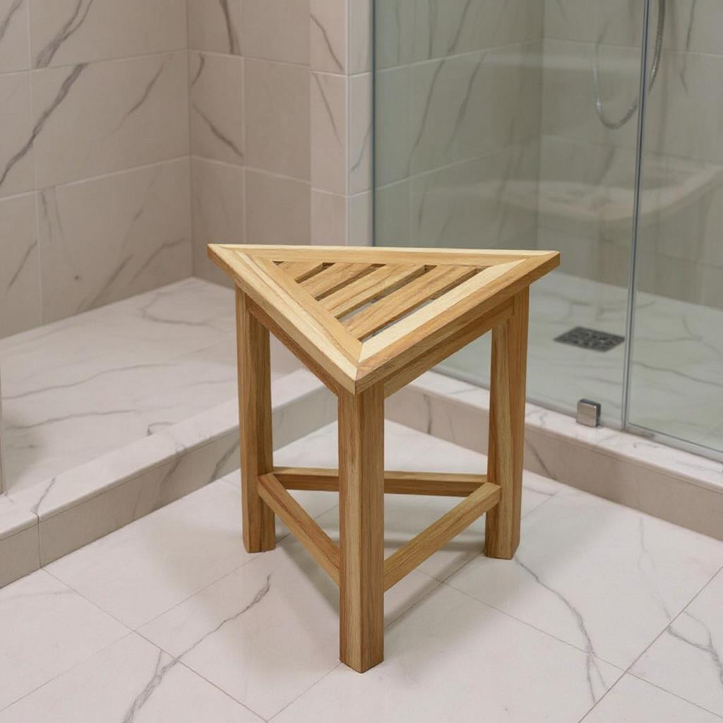 15" Brown Teak Corner Shower Bench-1