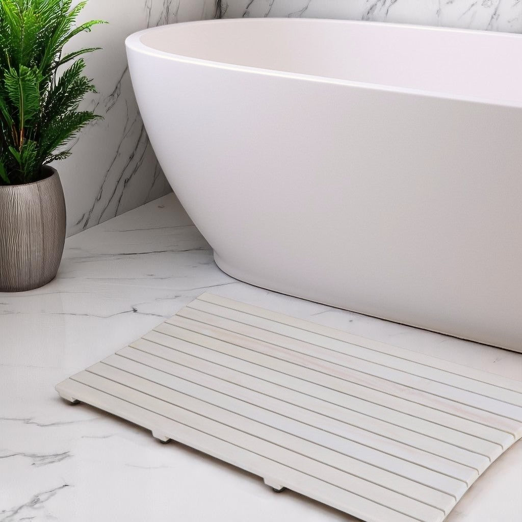 40" White Teak Slat Non Slip Bath Mat-0