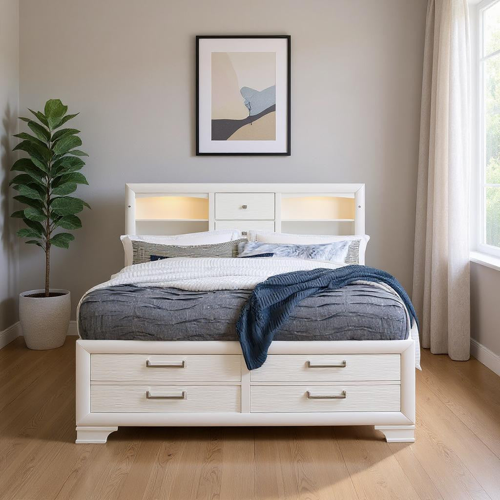 White Solid Wood Lighted Full Bed Frame With Drawers-0