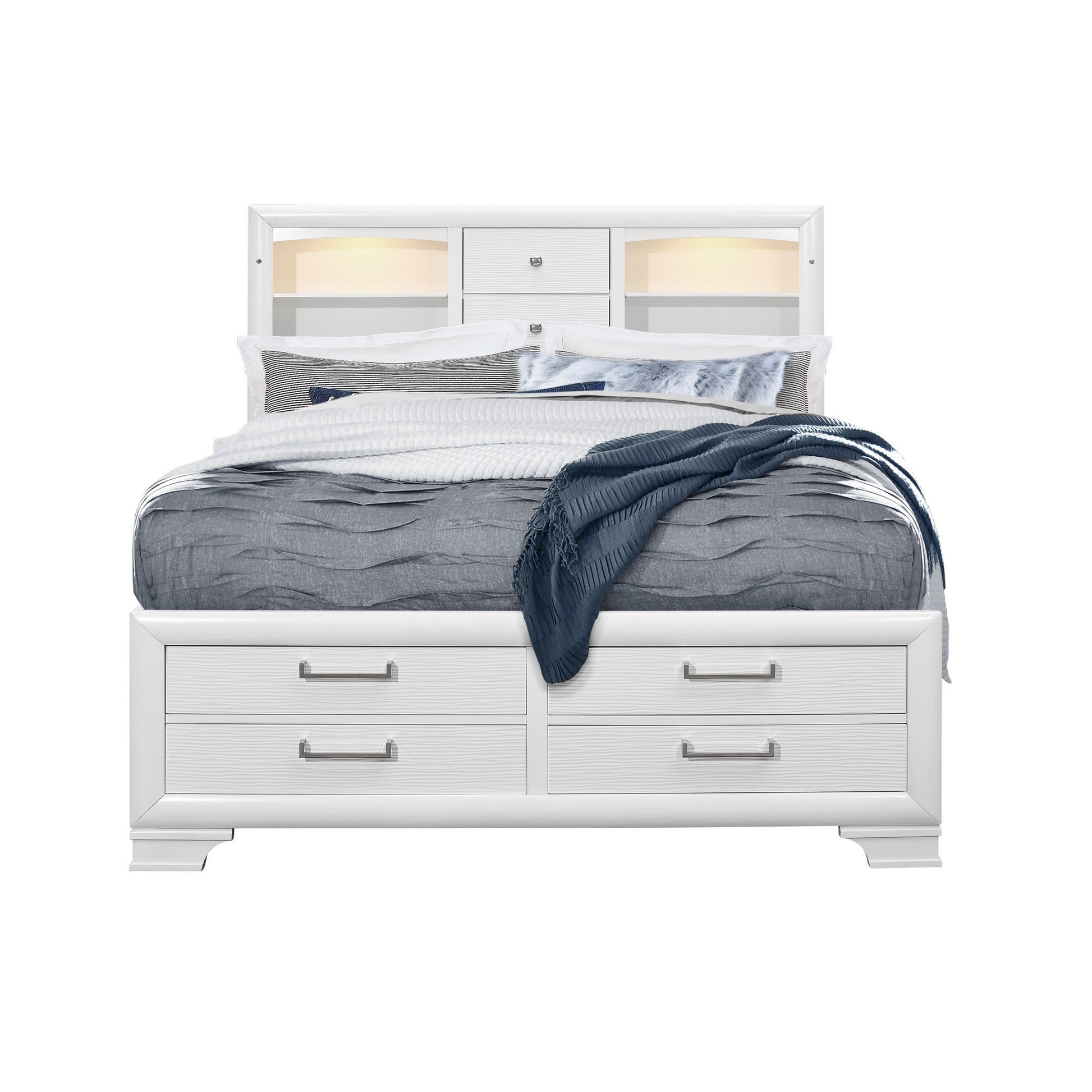 White Solid Wood Lighted King Bed Frame With Drawers-2