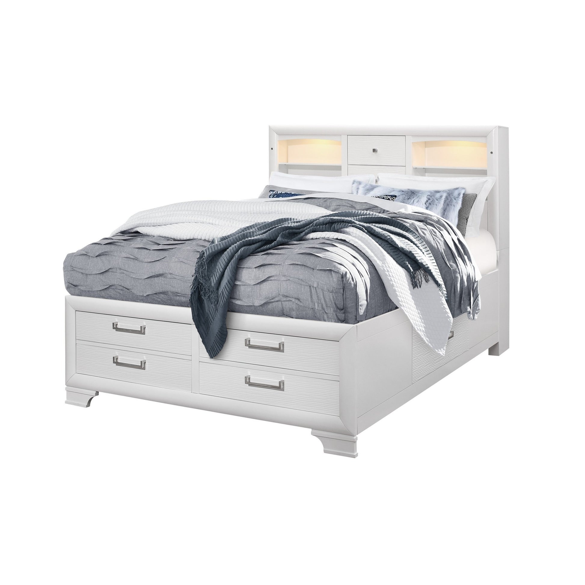 White Solid Wood Lighted King Bed Frame With Drawers-1