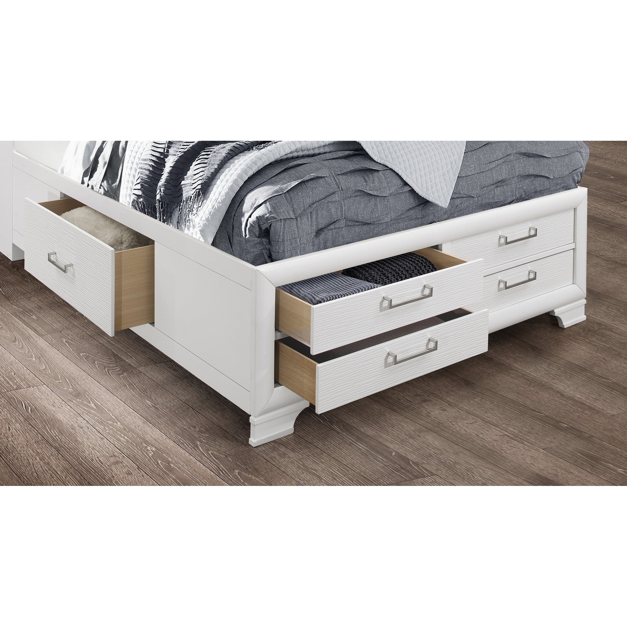 White Solid Wood Lighted King Bed Frame With Drawers-5