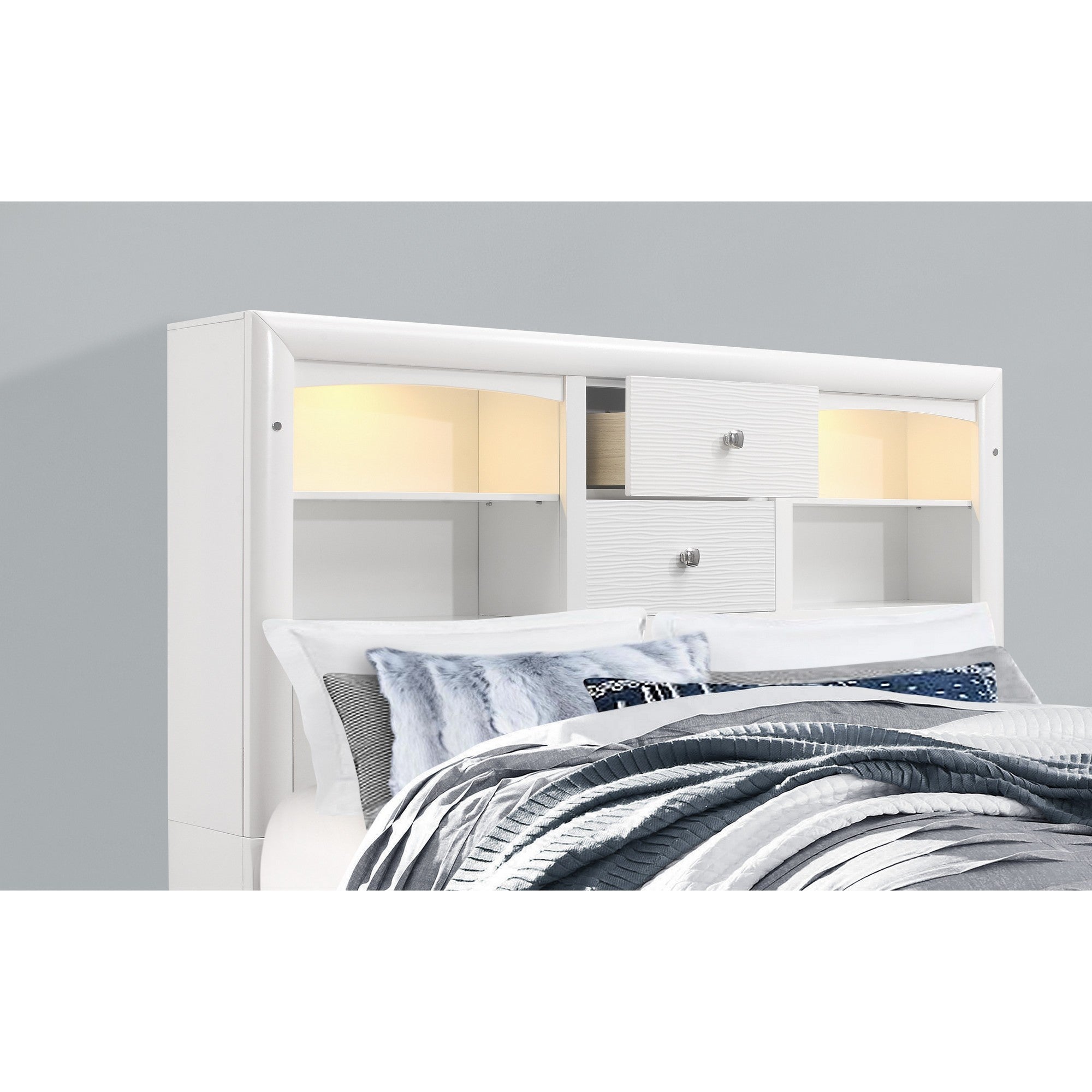 White Solid Wood Lighted King Bed Frame With Drawers-6