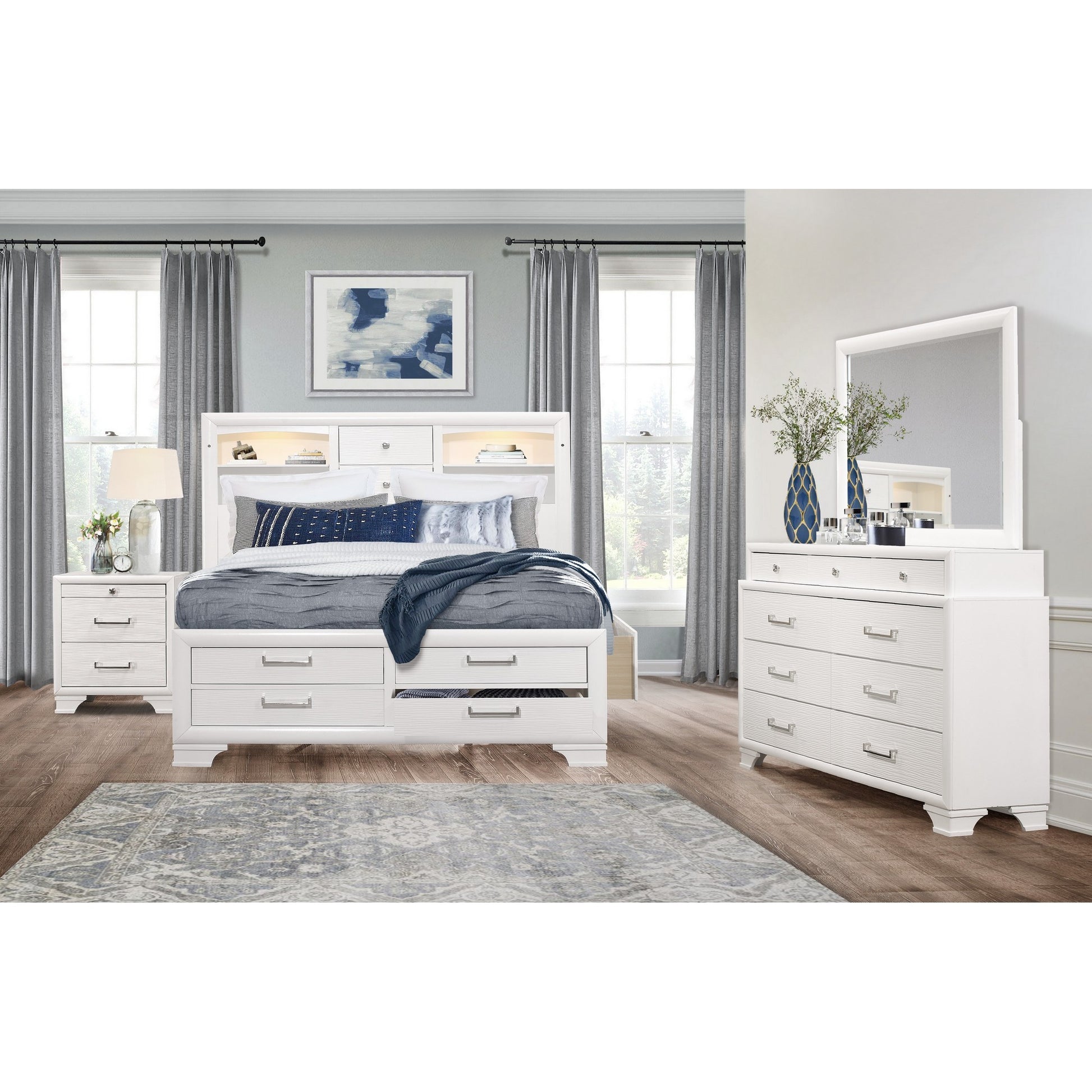 White Solid Wood Lighted King Bed Frame With Drawers-7