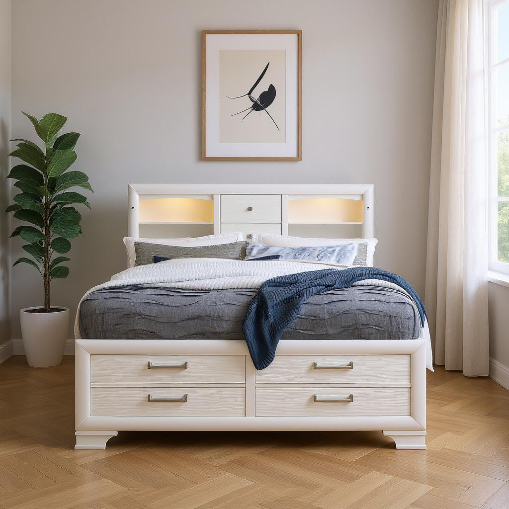 White Solid Wood Lighted King Bed Frame With Drawers-0