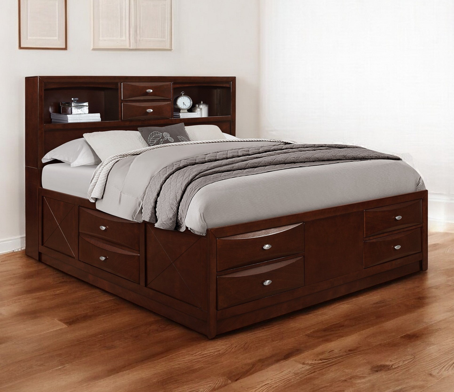 Merlot Solid Wood King Bed Frame With Eight Drawers-1