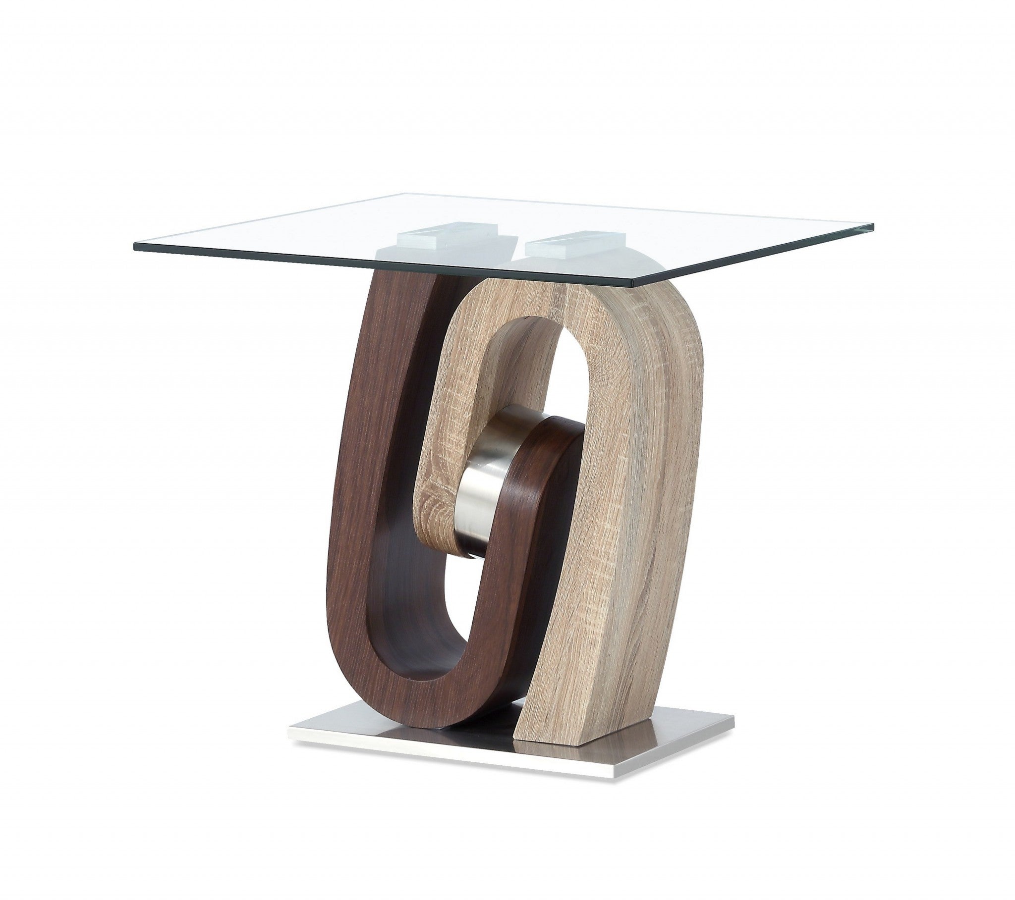23" Walnut, Oak And Clear Glass Square End Table-End-Side Tables-DECOROLALA