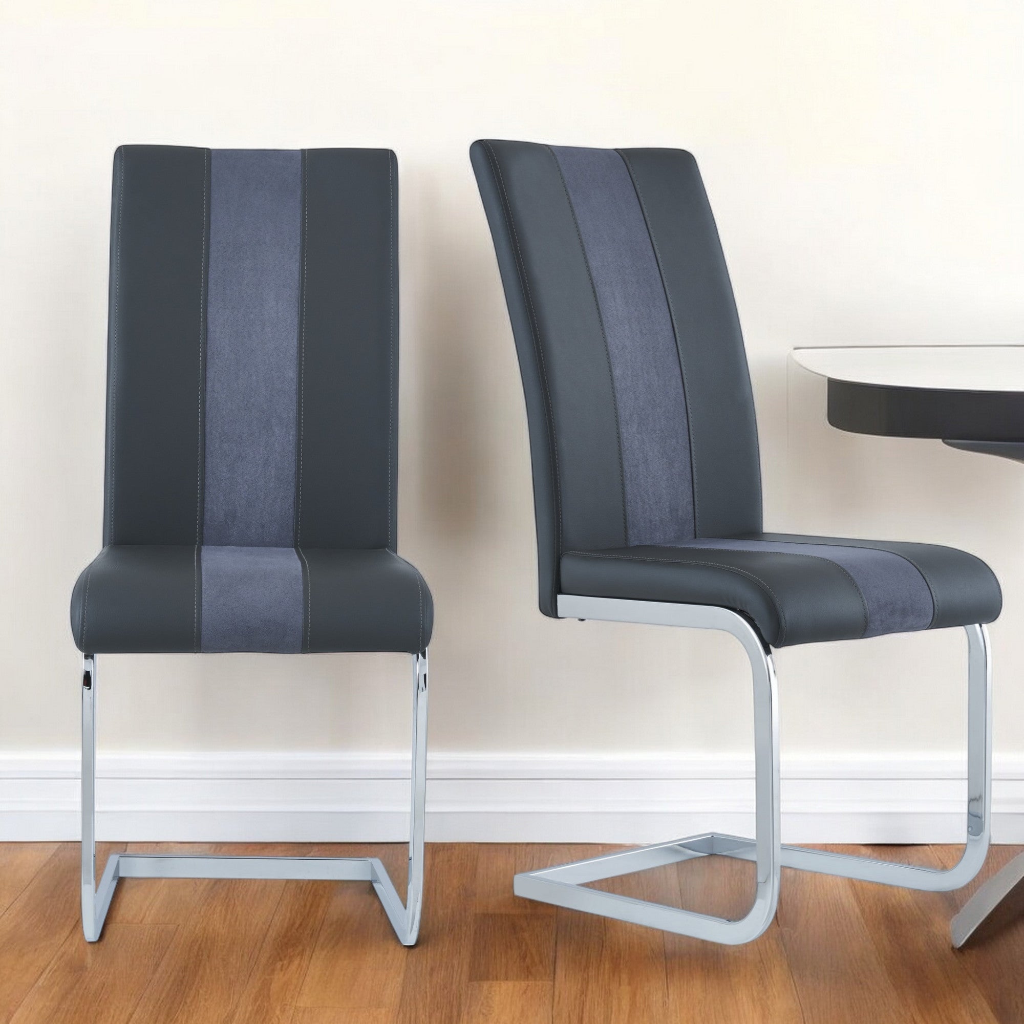Set of Four Gray and Silver Upholstered Faux Leather Dining Side Chairs-Dining Chairs-DECOROLALA
