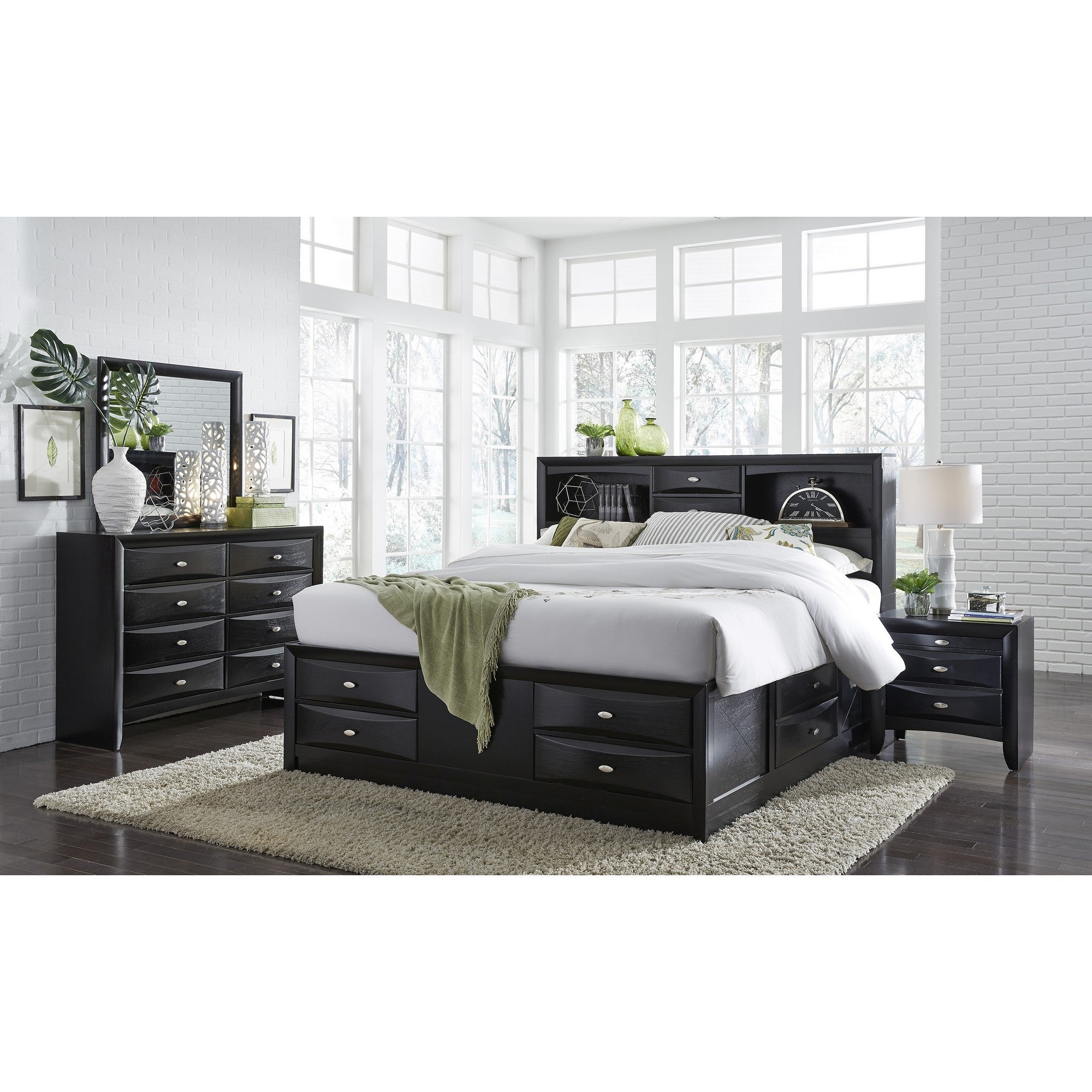 59" Black Solid Wood Mirrored Five Drawer Dresser-4