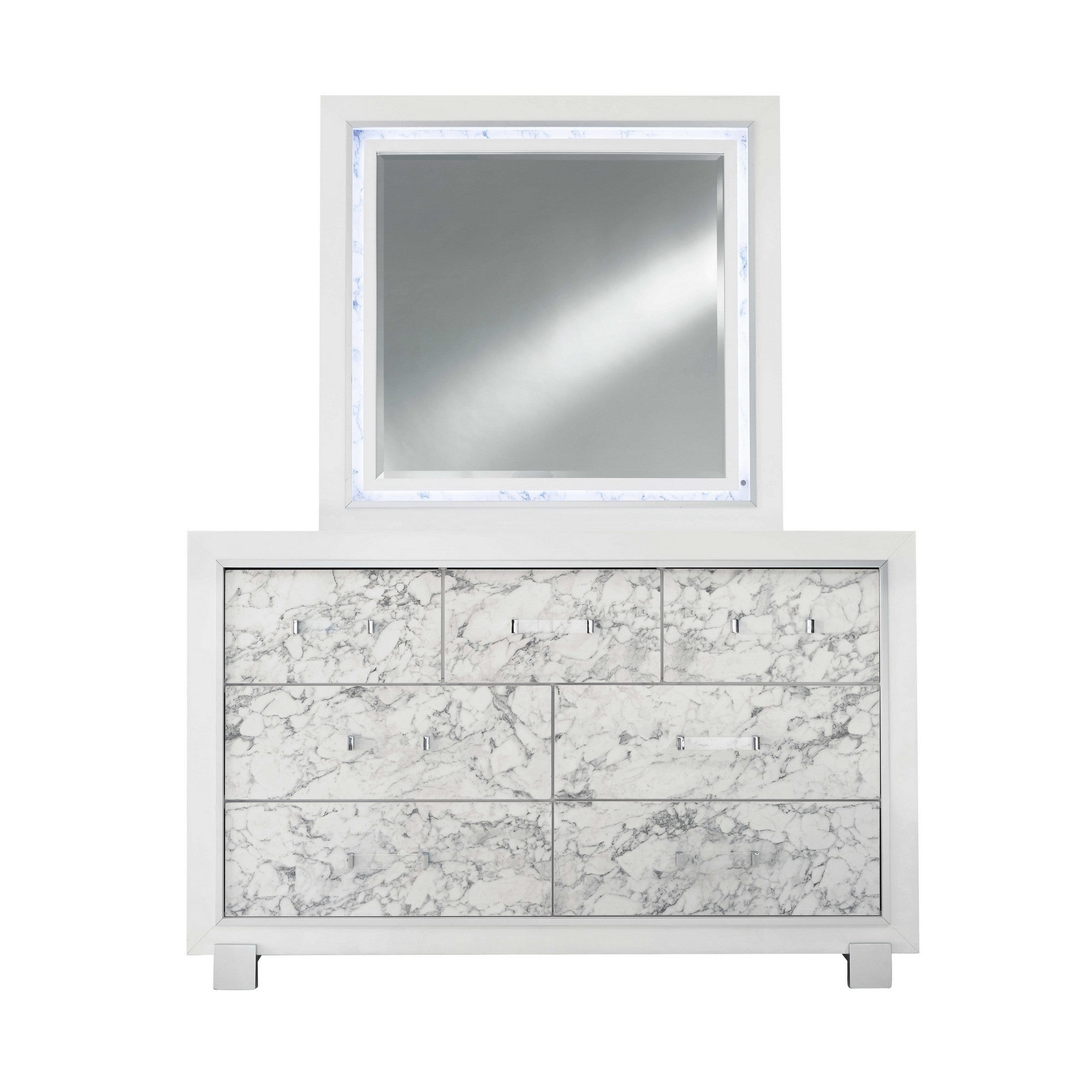 Modern White Dresser With 7 Faux Marble Detailed Front Drawer.-Dressers-DECOROLALA