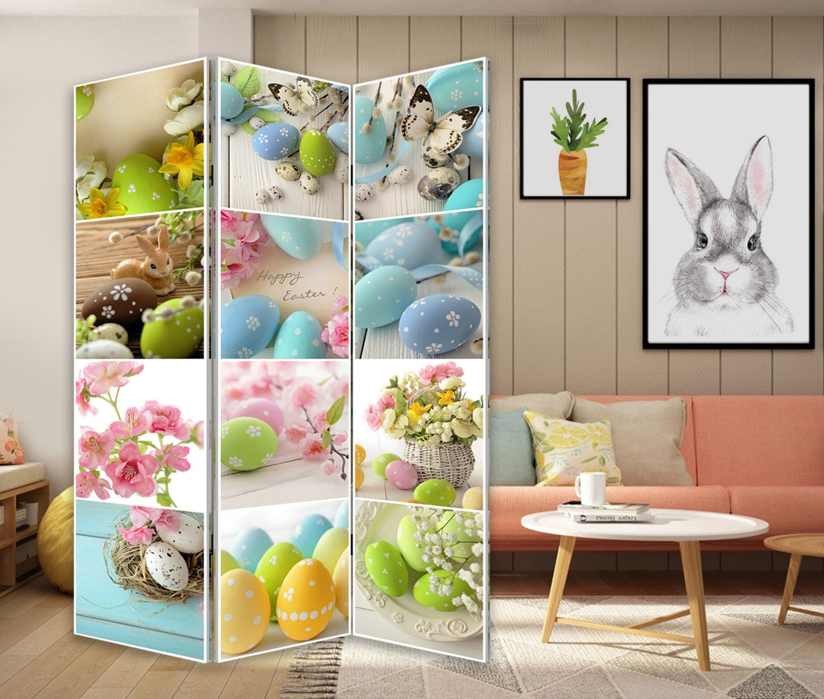 72" Yellow and White Canvas Folding Three Panel Screen Room Divider-Room Dividers-DECOROLALA