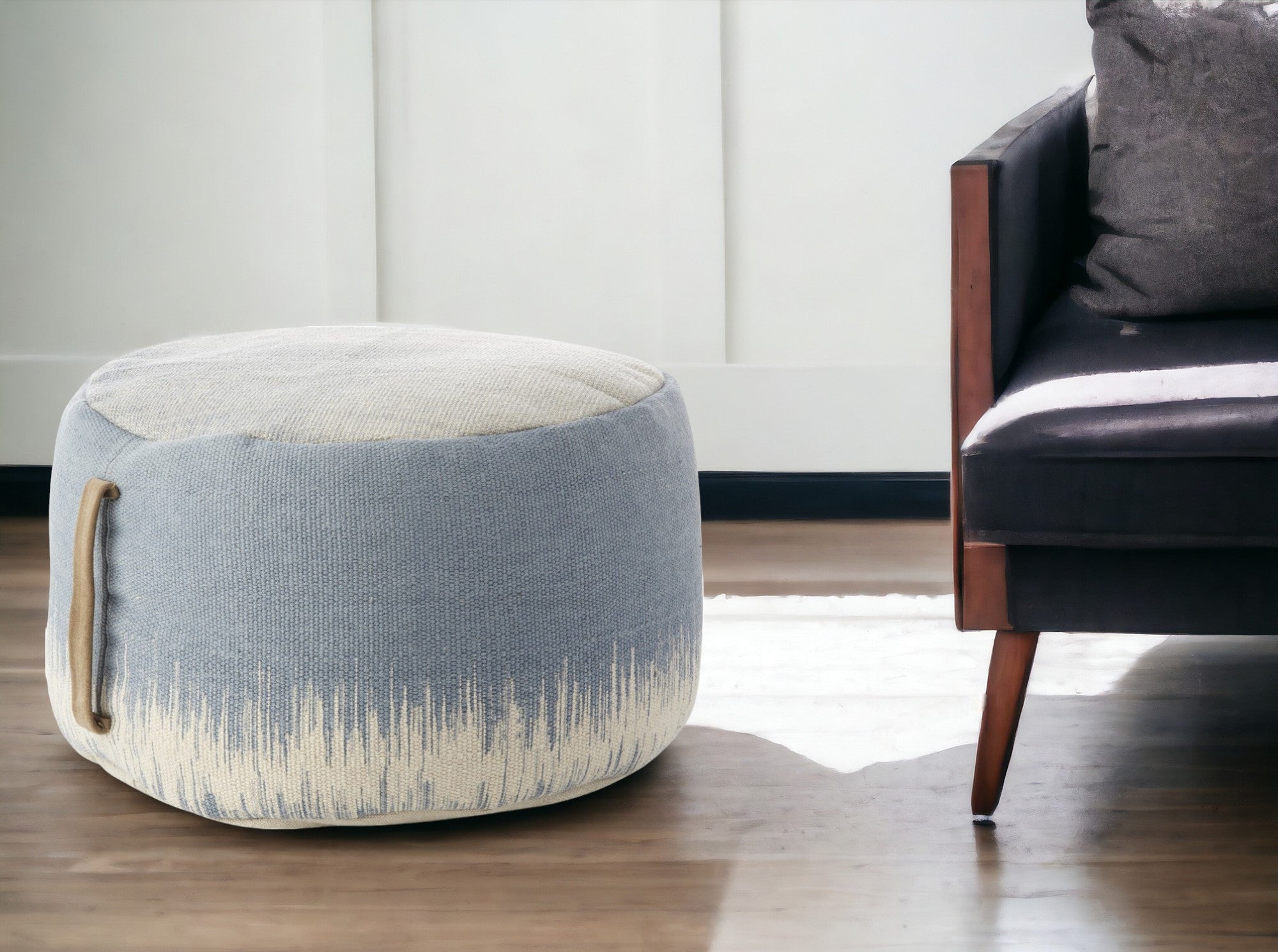 20" Blue and White Round Abstract Pouf Ottoman-0
