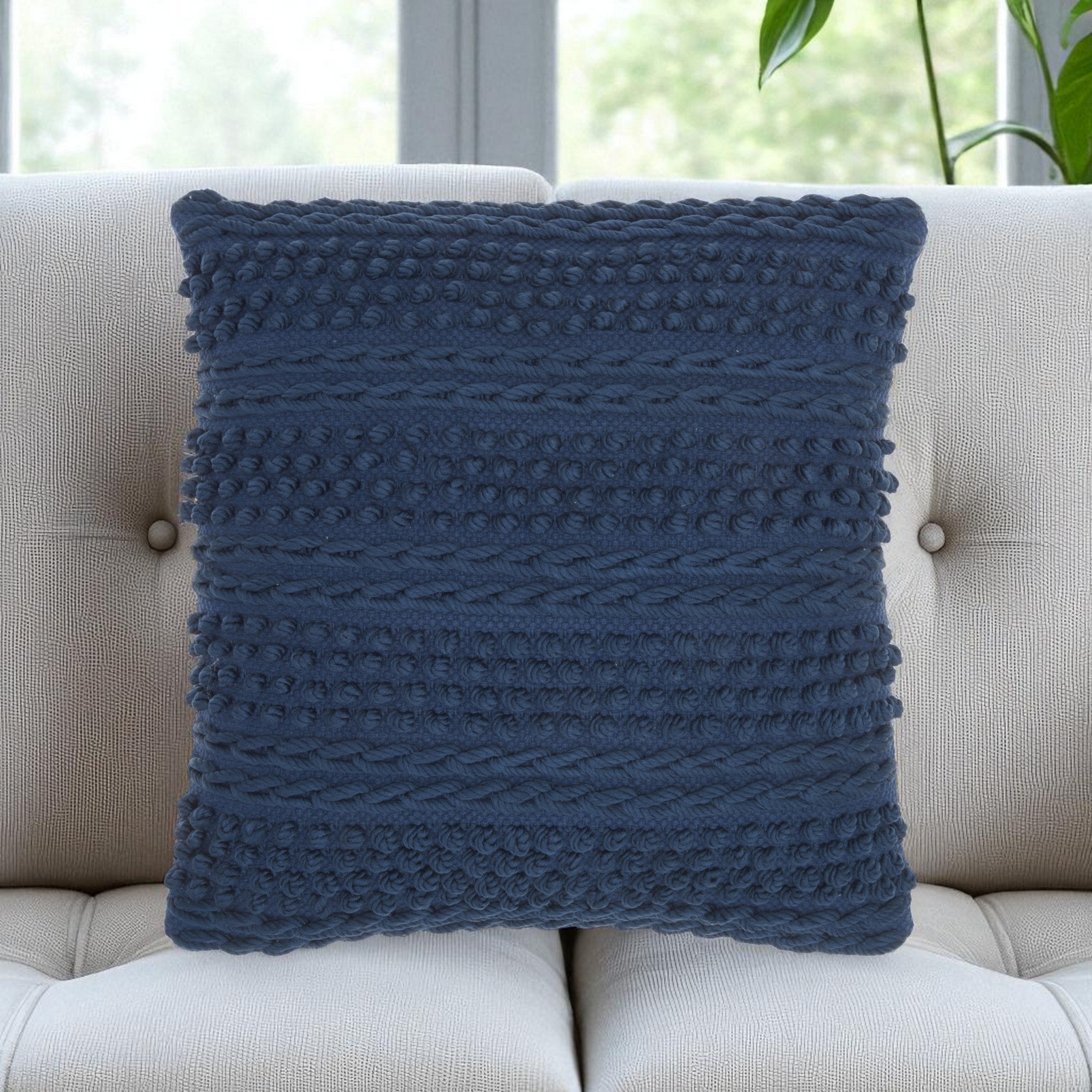Navy Blue Textured Dots And Stripes Throw Pillow-0