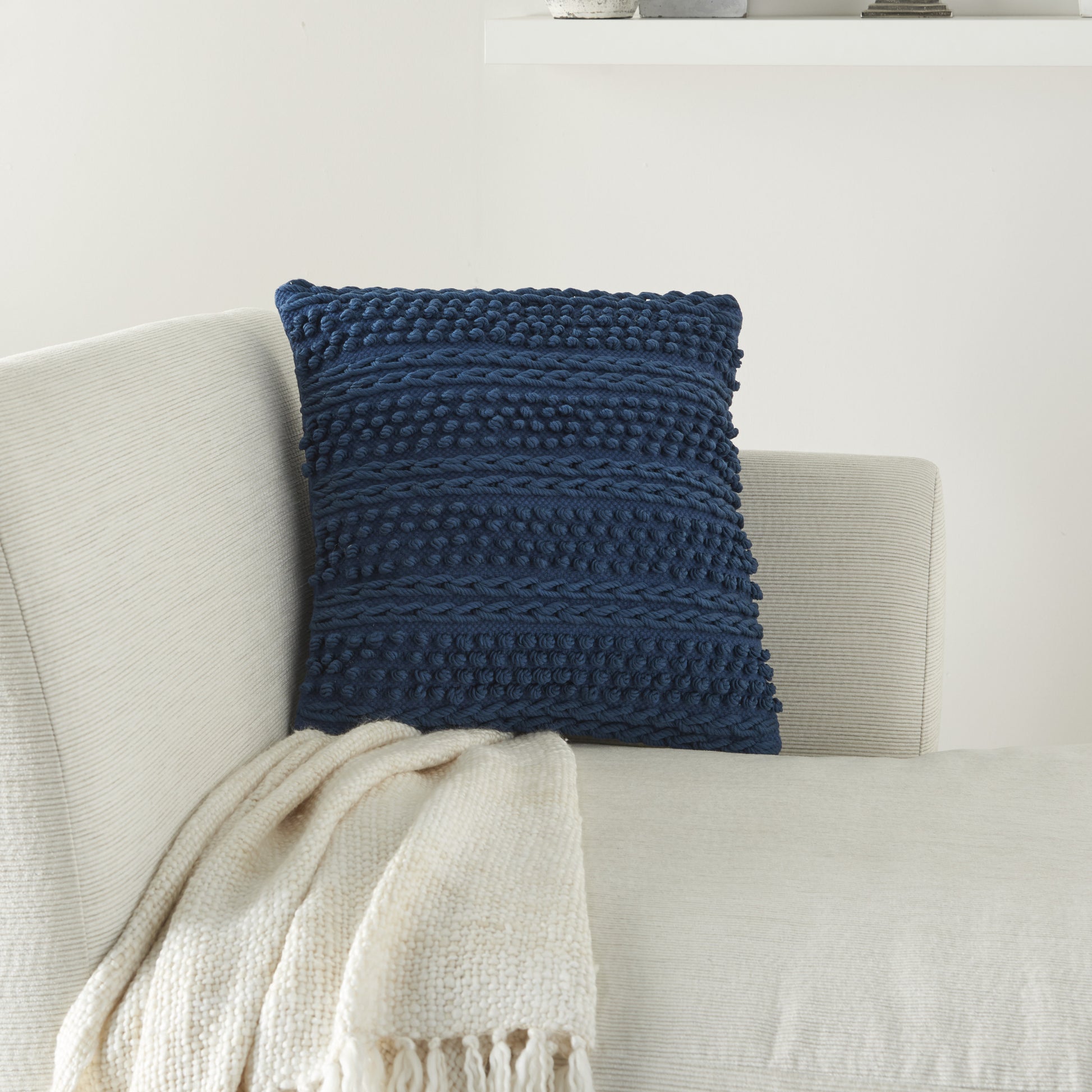 Navy Blue Textured Dots And Stripes Throw Pillow-4
