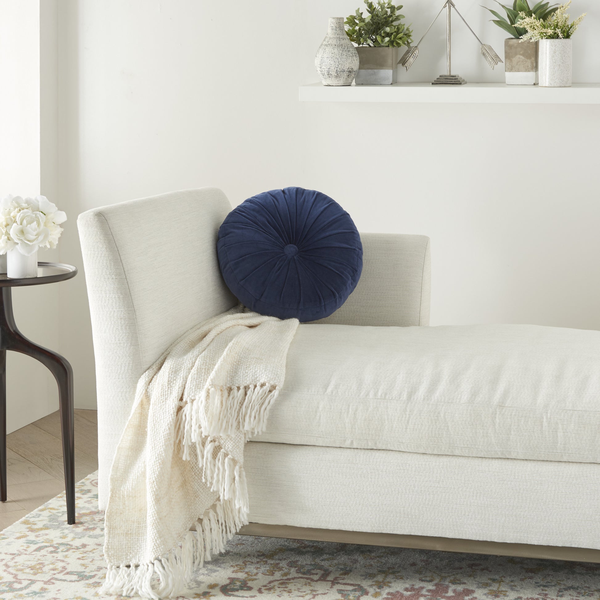 16" X 16" Dark Blue Round Velvet Throw Pillow-8