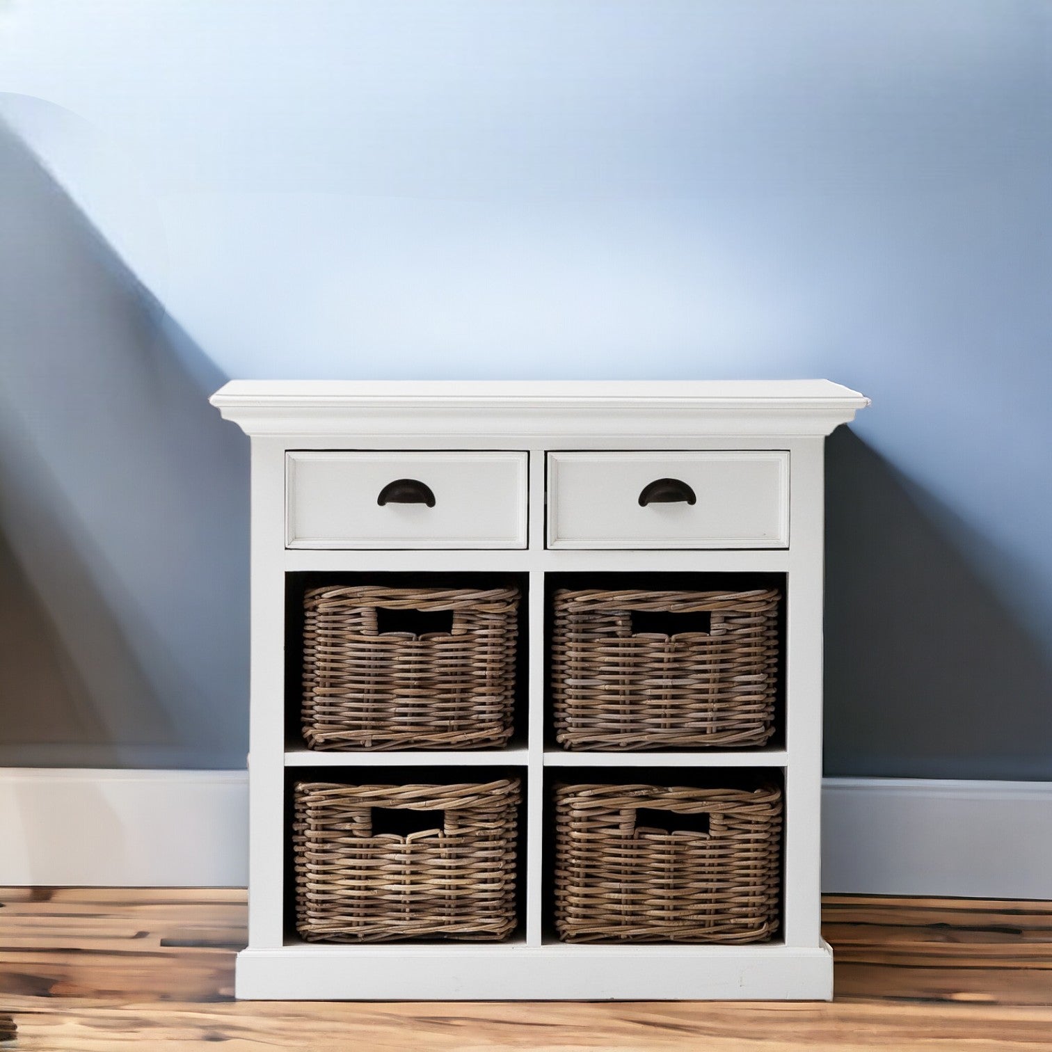 35" White Accent Cabinet With Two Drawers and Baskets-Sideboards-DECOROLALA