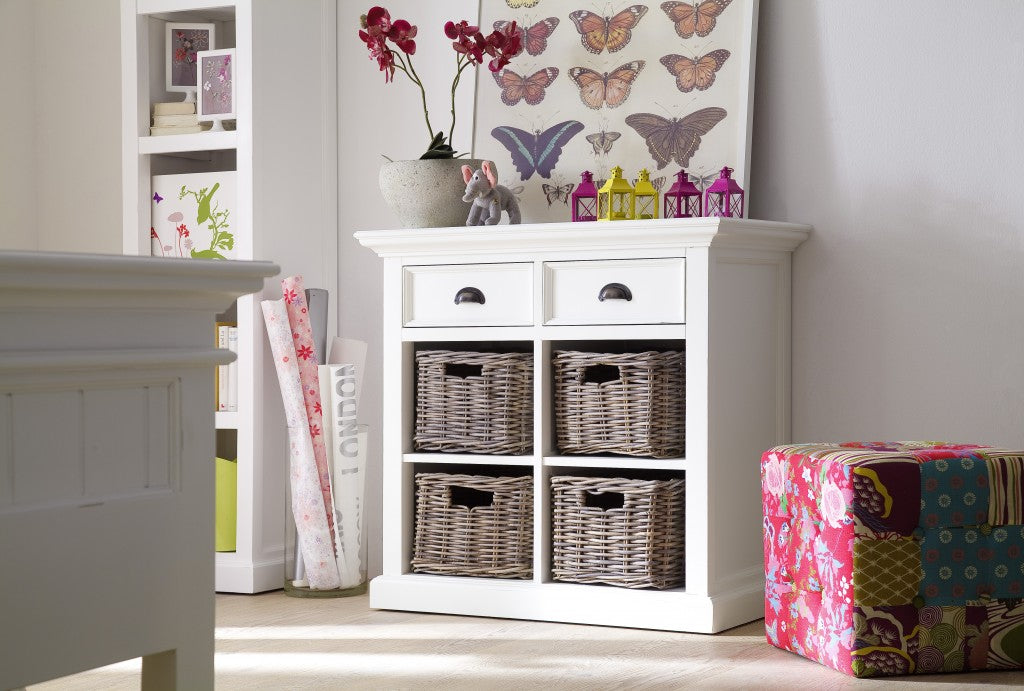 35" White Accent Cabinet With Two Drawers and Baskets-Sideboards-DECOROLALA
