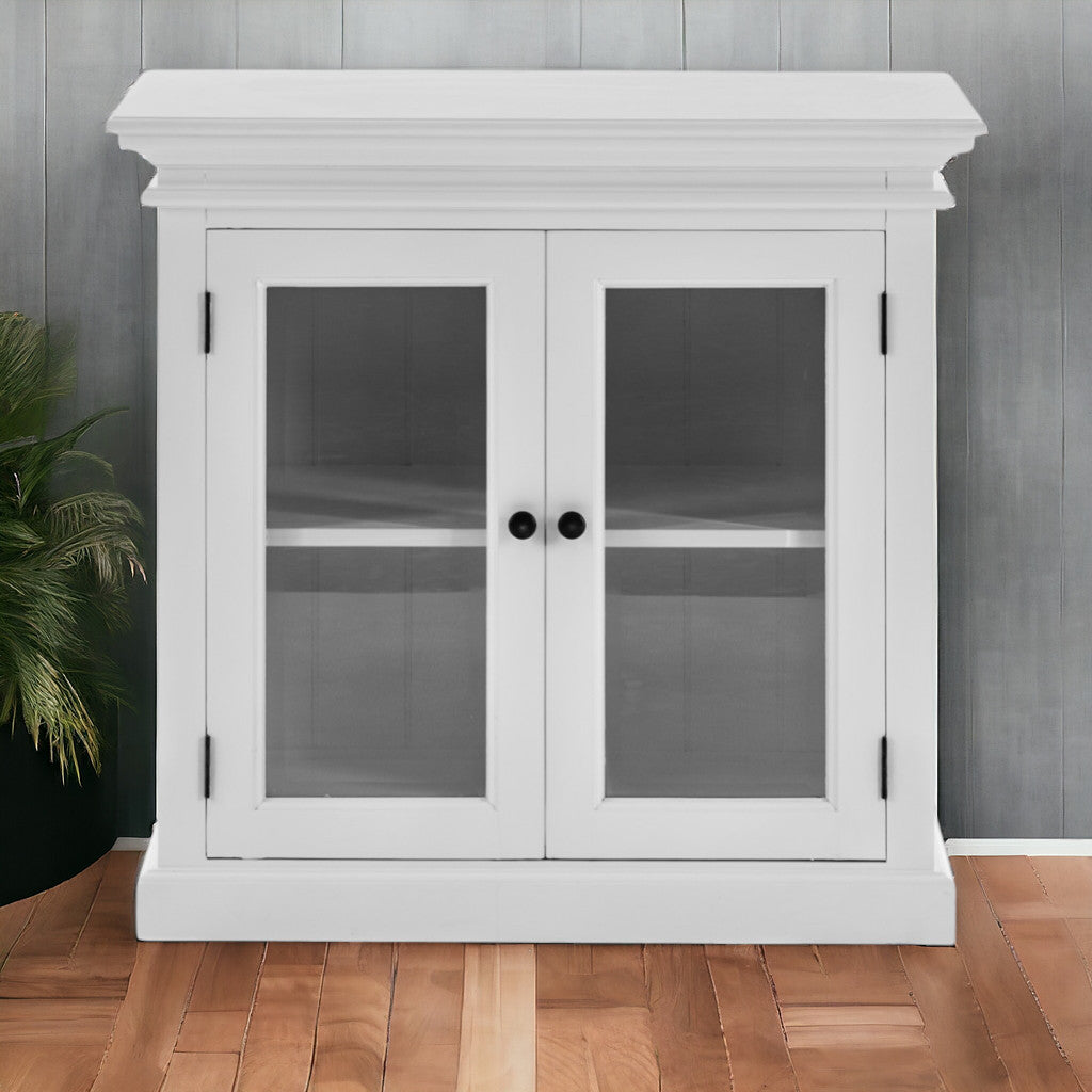 35" White Wood and Glass Two Door Accent Cabinet-Sideboards-DECOROLALA