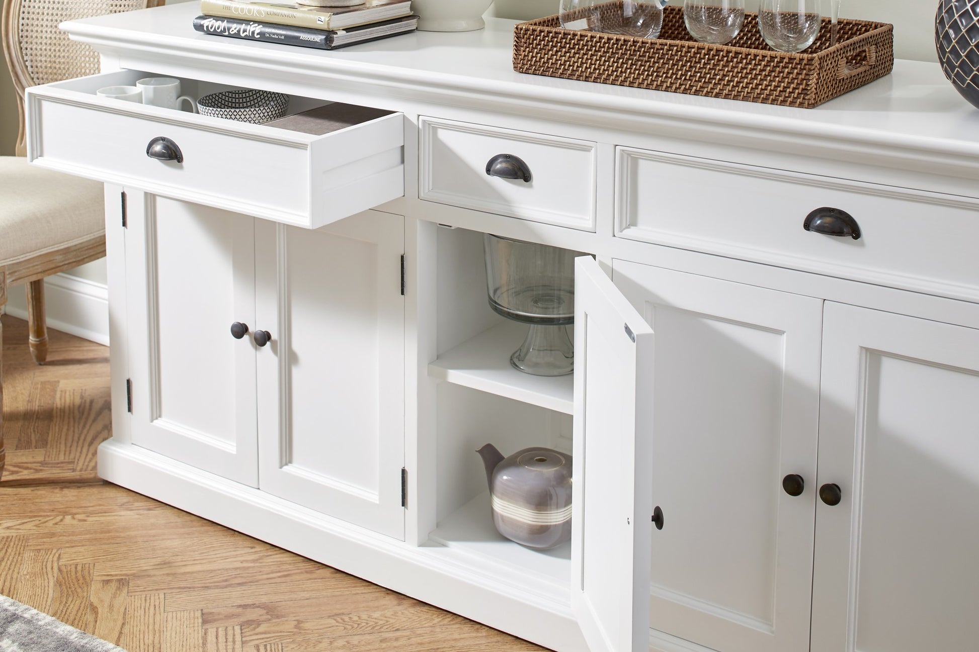 71" White Solid Wood Three Drawer Sideboard with Five Doors-8