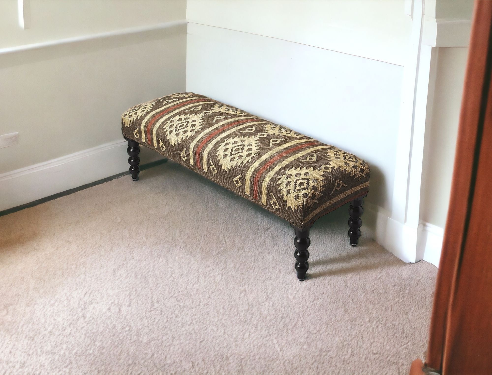48" Brown Upholstered Wool Southwest Distressed Bench-Benches-DECOROLALA