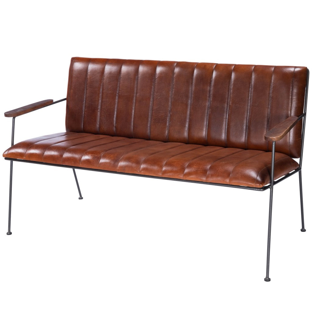 53" Brown and Black Upholstered Faux Leather Distressed Bench-Benches-DECOROLALA