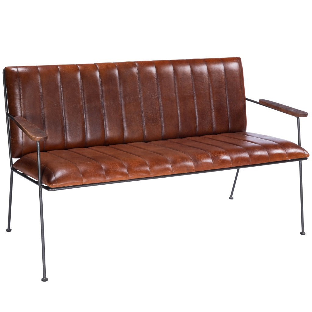 53" Brown and Black Upholstered Faux Leather Distressed Bench-Benches-DECOROLALA