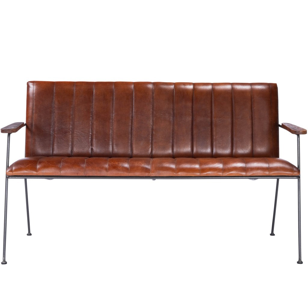 53" Brown and Black Upholstered Faux Leather Distressed Bench-Benches-DECOROLALA