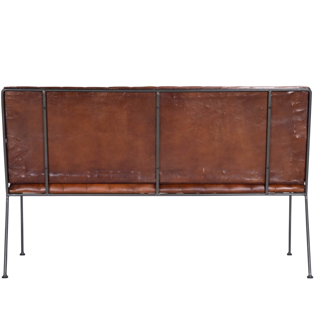 53" Brown and Black Upholstered Faux Leather Distressed Bench-Benches-DECOROLALA
