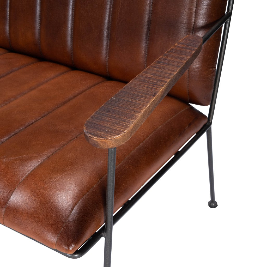 53" Brown and Black Upholstered Faux Leather Distressed Bench-Benches-DECOROLALA