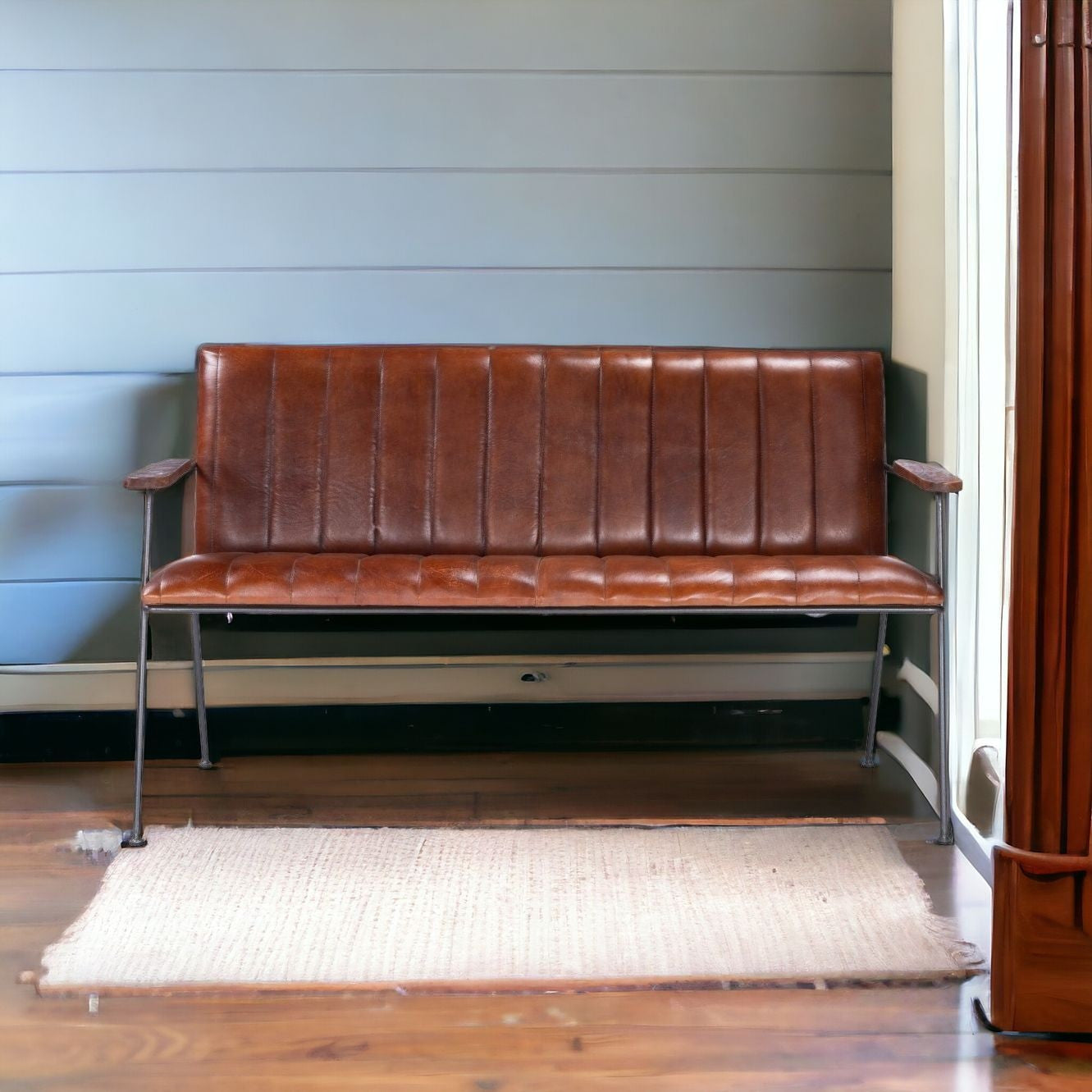 53" Brown and Black Upholstered Faux Leather Distressed Bench-Benches-DECOROLALA