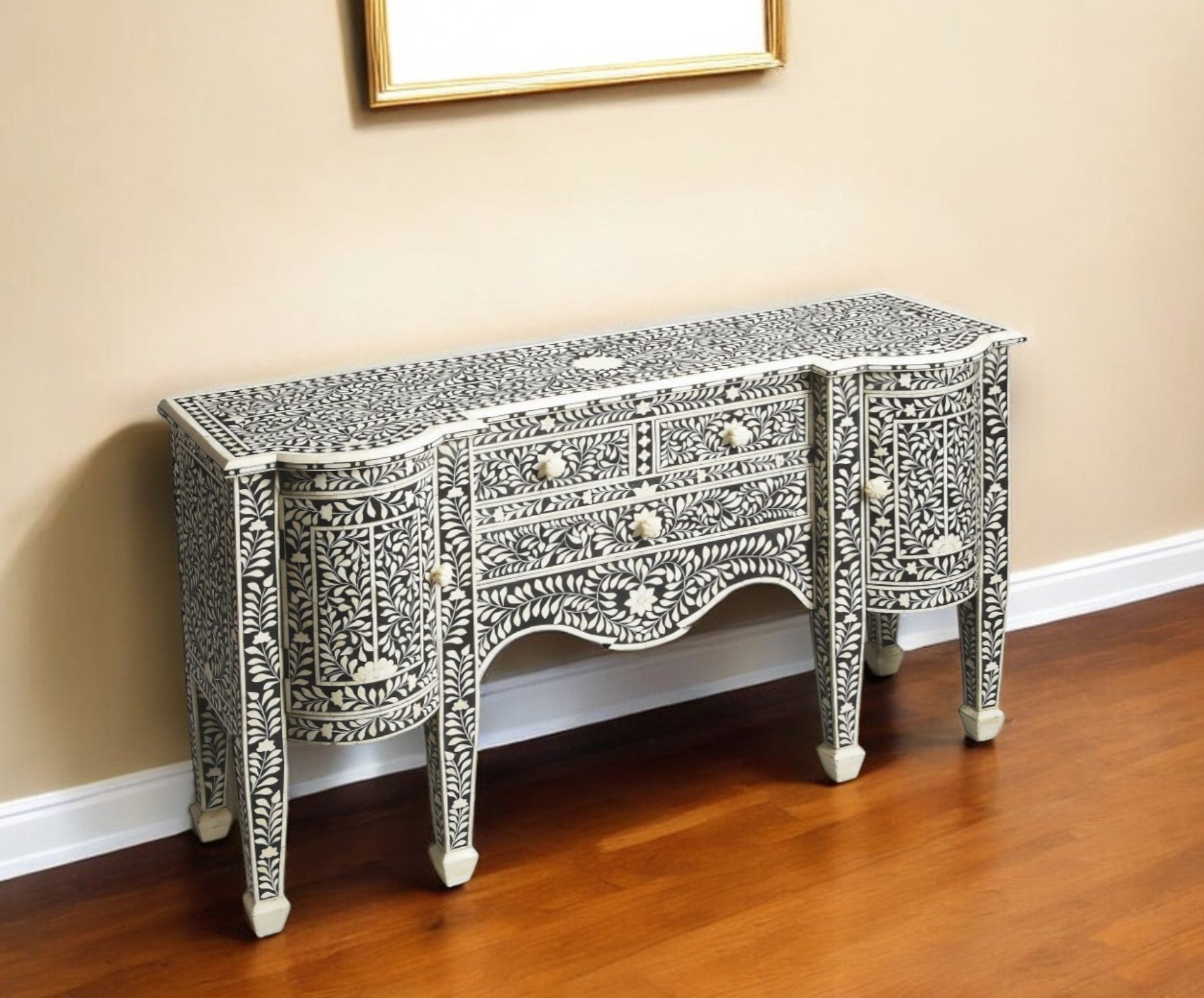 57" Black Wood Three Drawer Sideboard with Two Doors-Sideboards-DECOROLALA