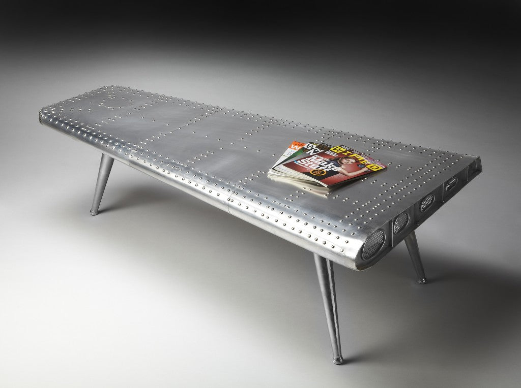 60" Silver Aluminum and Metal Coffee Table-Coffee Tables-DECOROLALA