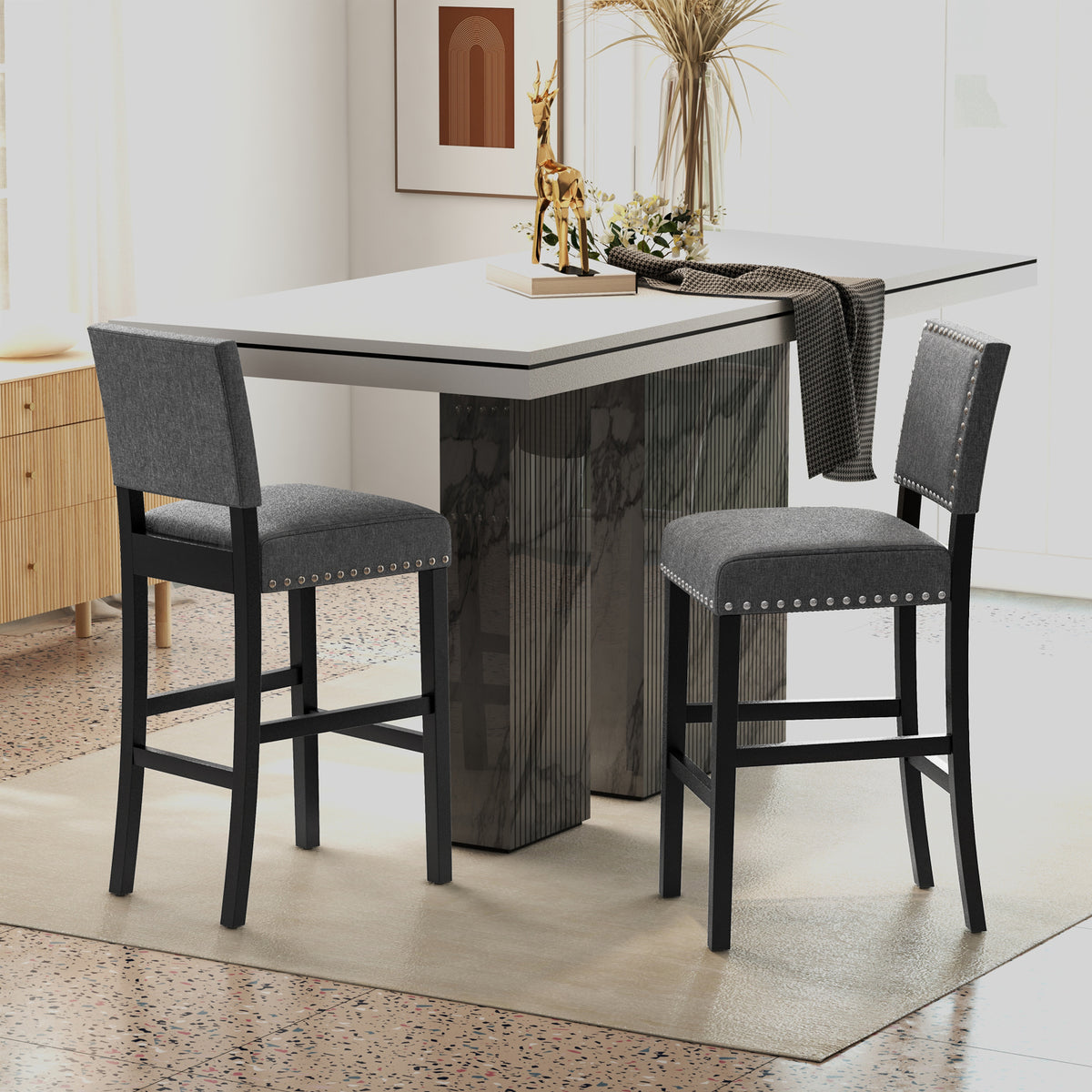 38.5/43.5 Inch Set of 2 Counter Height Chairs with Solid Rubber Wood Frame-M-Dining Chairs-DECOROLALA
