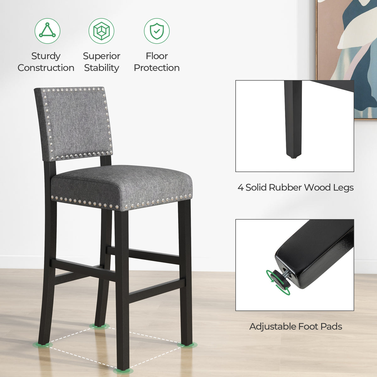 38.5/43.5 Inch Set of 2 Counter Height Chairs with Solid Rubber Wood Frame-M-Dining Chairs-DECOROLALA