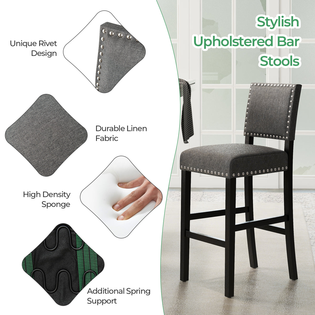 38.5/43.5 Inch Set of 2 Counter Height Chairs with Solid Rubber Wood Frame-M-Dining Chairs-DECOROLALA
