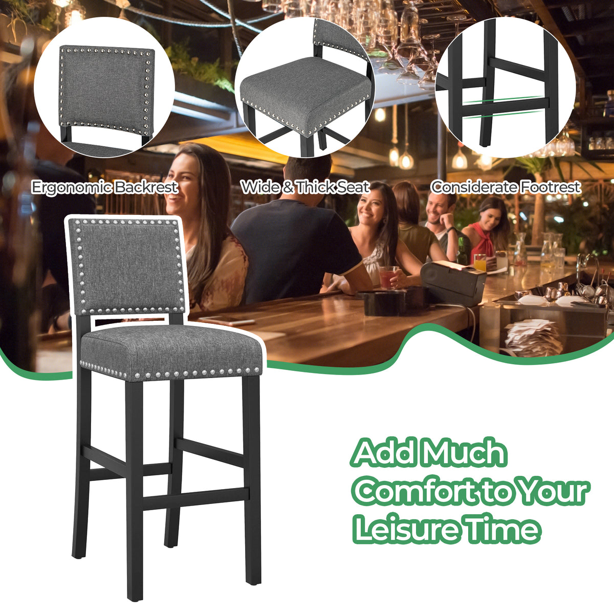 38.5/43.5 Inch Set of 2 Counter Height Chairs with Solid Rubber Wood Frame-M-Dining Chairs-DECOROLALA