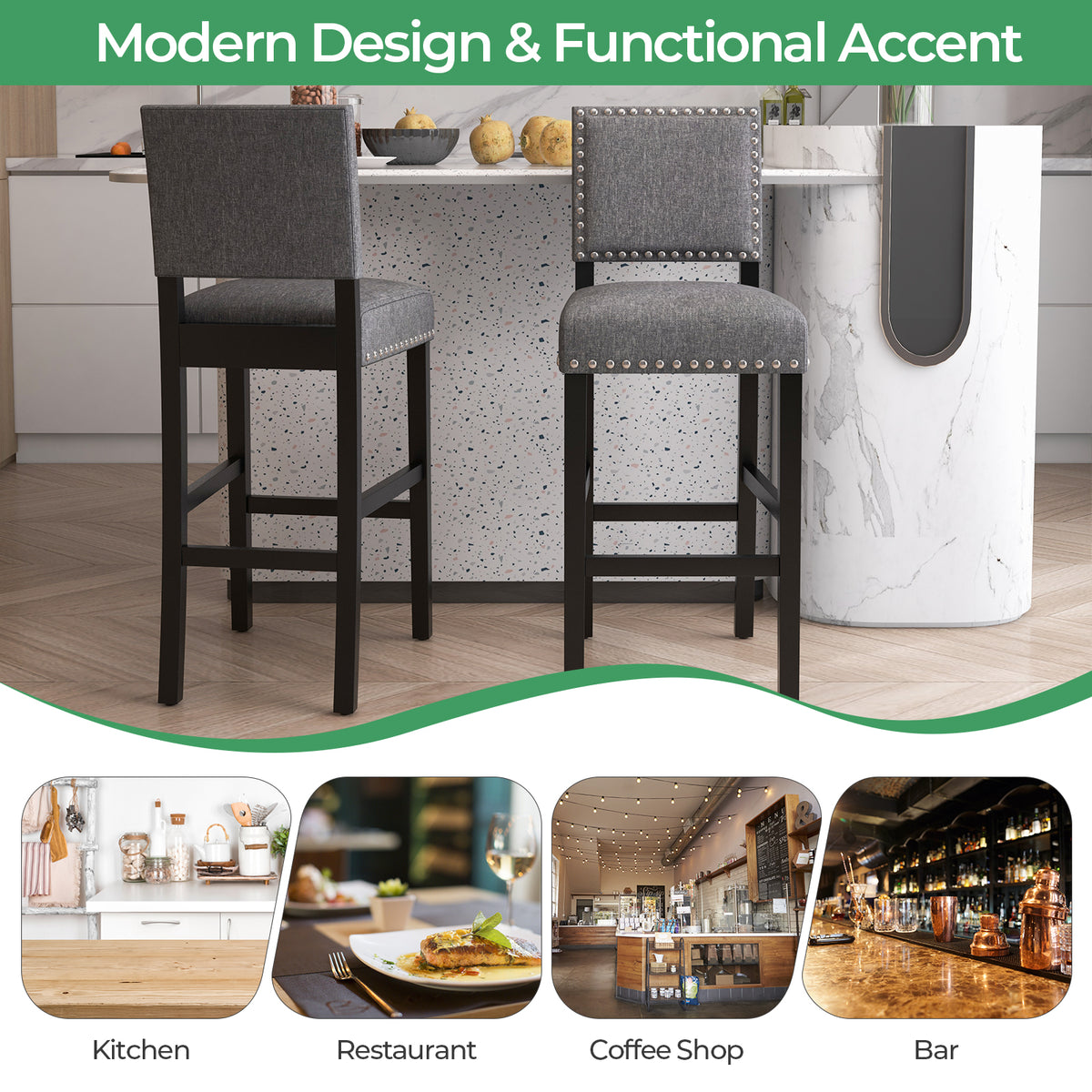 38.5/43.5 Inch Set of 2 Counter Height Chairs with Solid Rubber Wood Frame-M-Dining Chairs-DECOROLALA