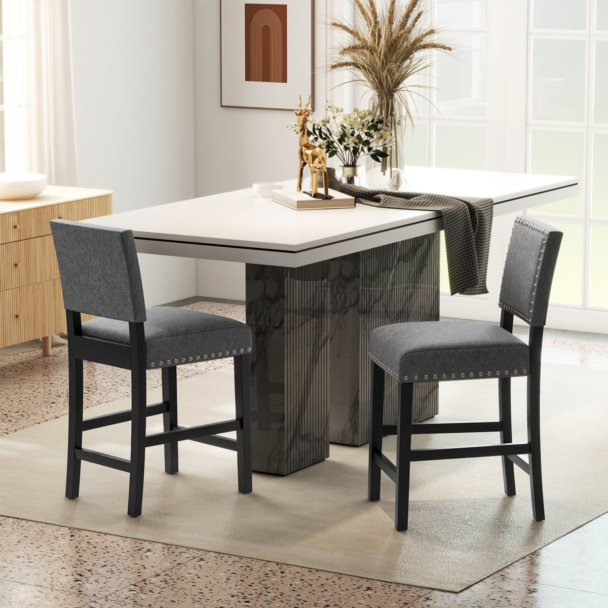 38.5/43.5 Inch Set of 2 Counter Height Chairs with Solid Rubber Wood Frame-S-Dining Chairs-DECOROLALA