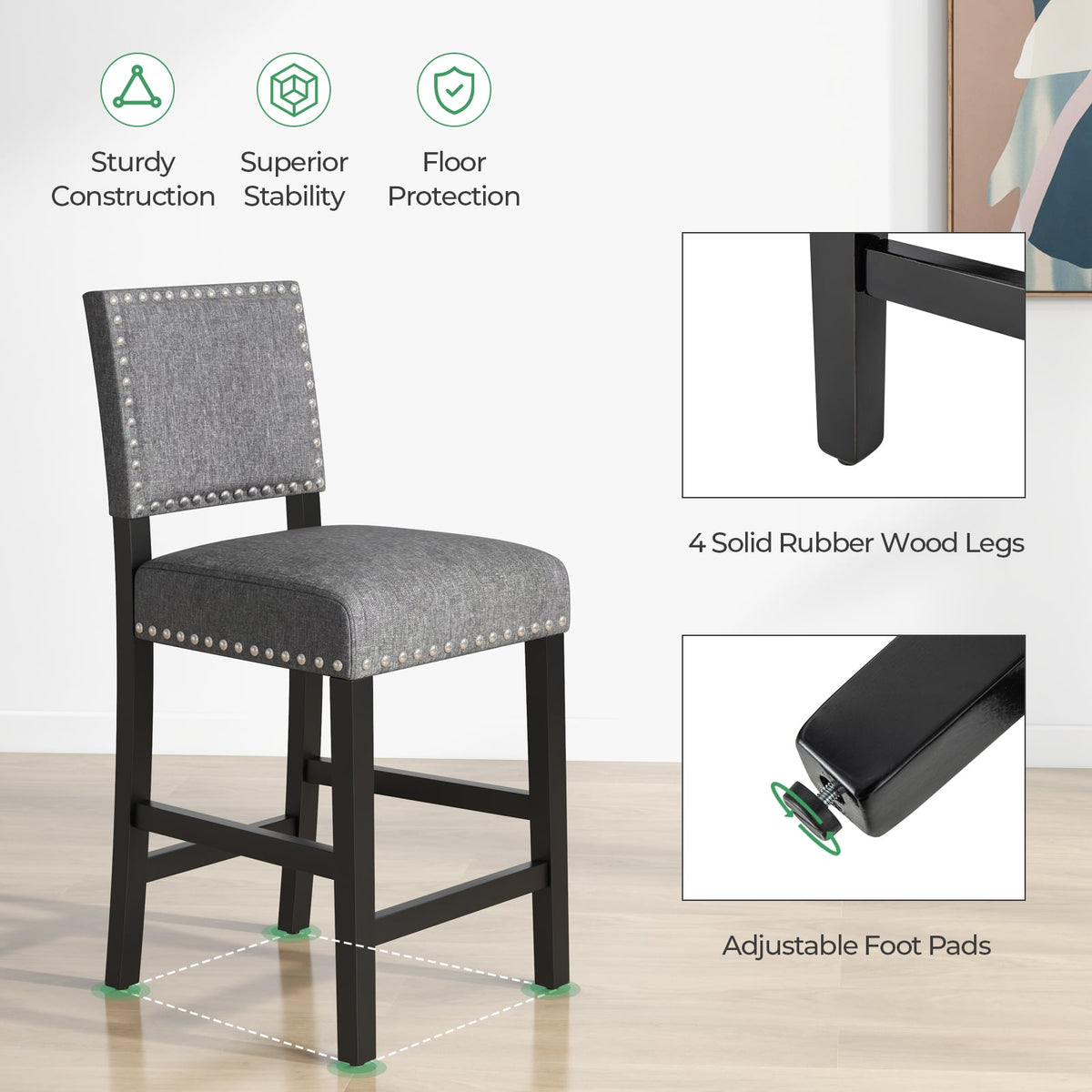 38.5/43.5 Inch Set of 2 Counter Height Chairs with Solid Rubber Wood Frame-S-Dining Chairs-DECOROLALA