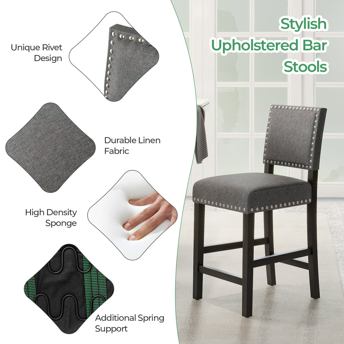 38.5/43.5 Inch Set of 2 Counter Height Chairs with Solid Rubber Wood Frame-S-Dining Chairs-DECOROLALA
