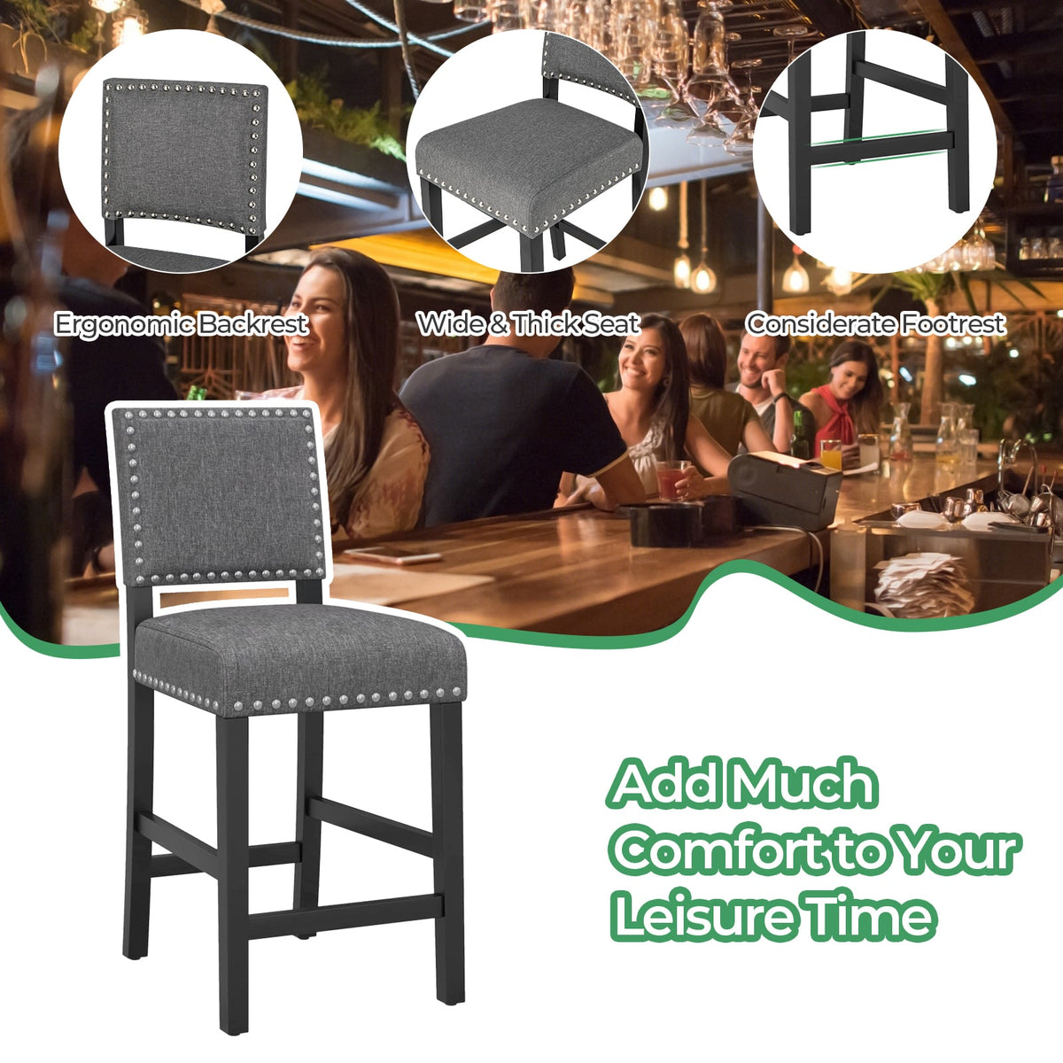 38.5/43.5 Inch Set of 2 Counter Height Chairs with Solid Rubber Wood Frame-S-Dining Chairs-DECOROLALA