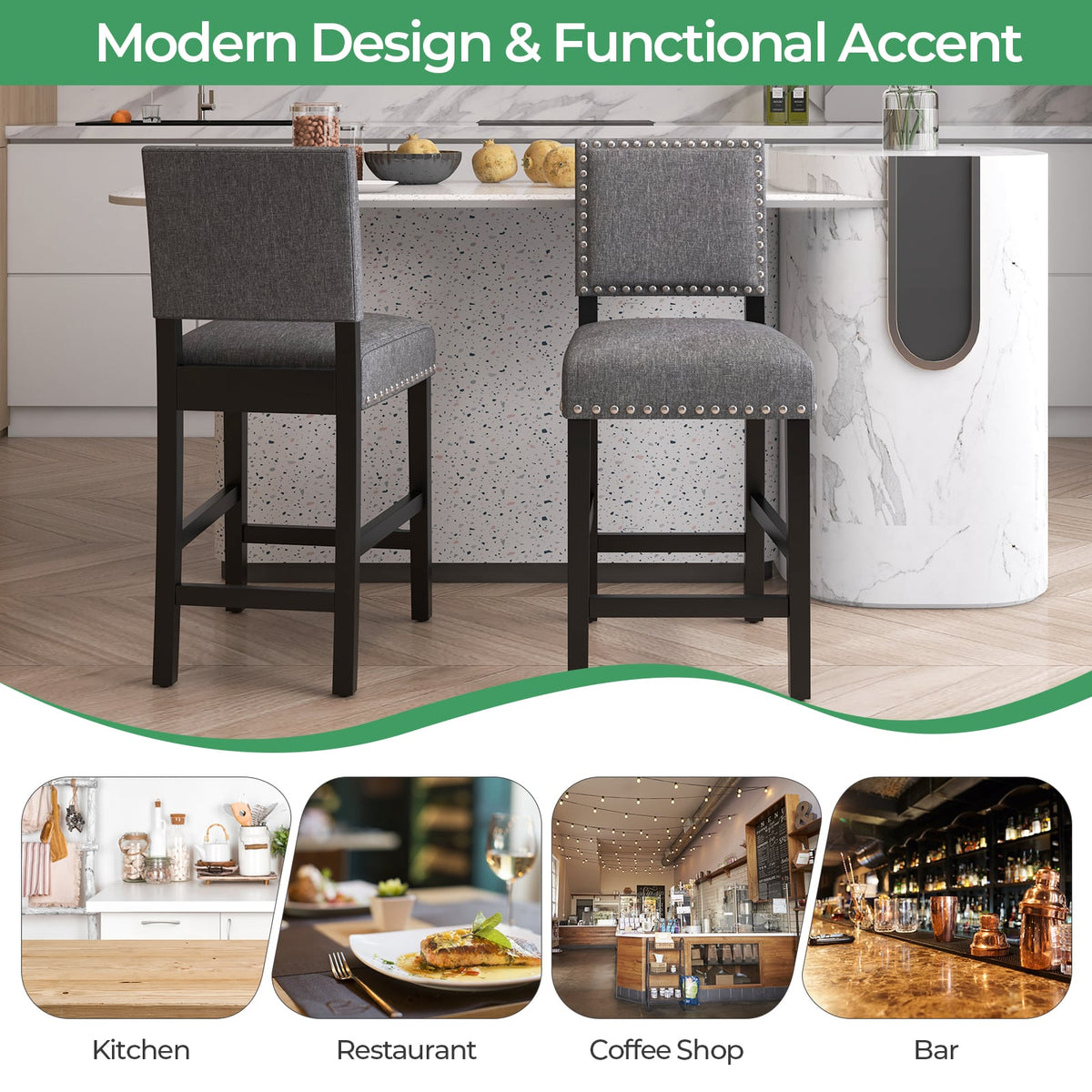 38.5/43.5 Inch Set of 2 Counter Height Chairs with Solid Rubber Wood Frame-S-Dining Chairs-DECOROLALA