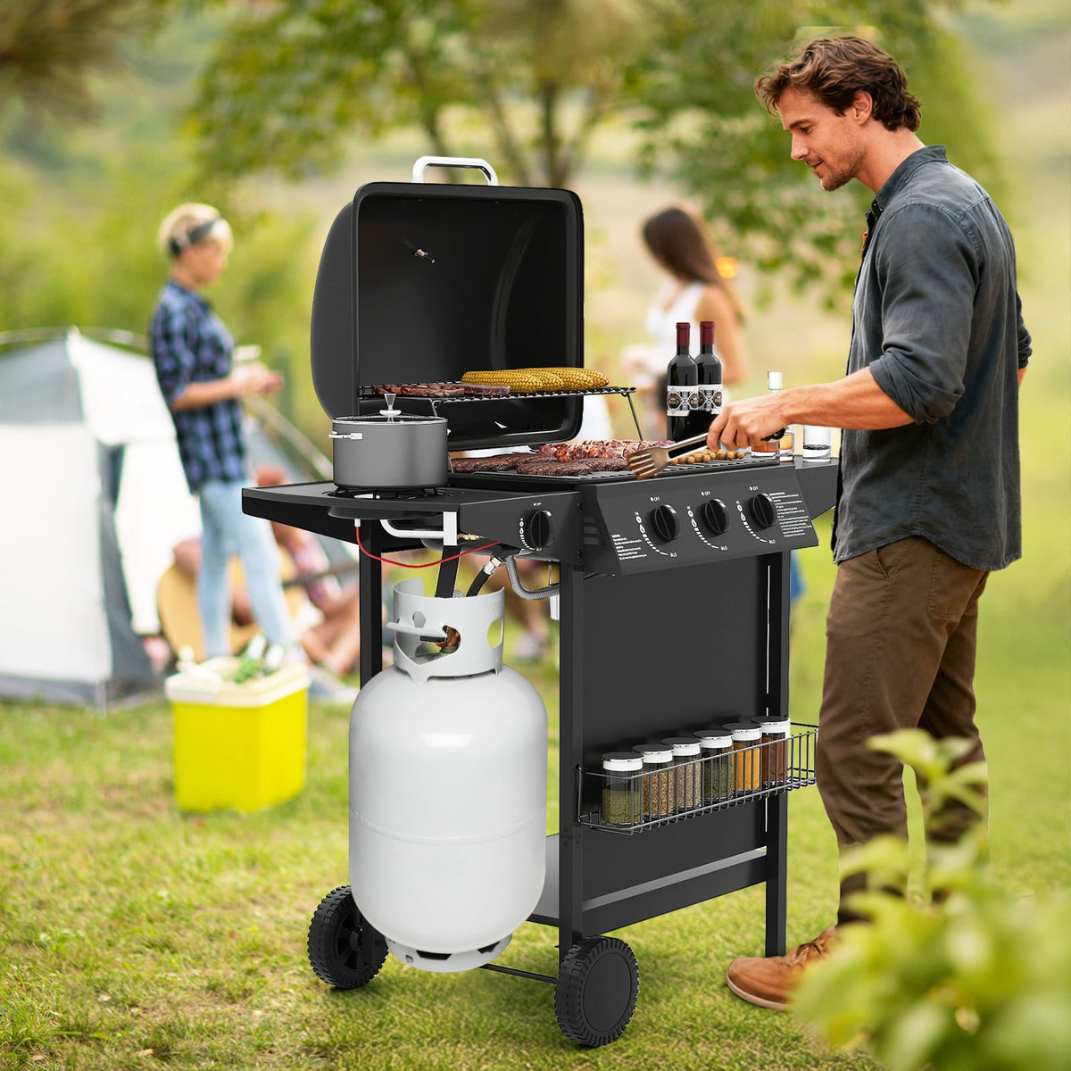 39 000 BTU Outdoor Burner Propane Gas Grill on Wheels-Black-Outdoor Grills-DECOROLALA