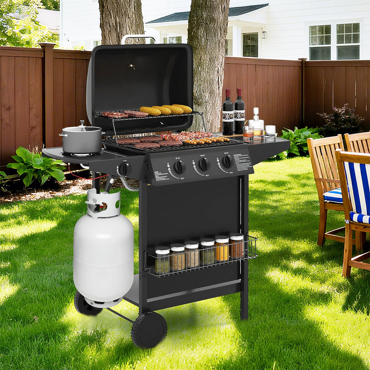 39 000 BTU Outdoor Burner Propane Gas Grill on Wheels-Black-Outdoor Grills-DECOROLALA