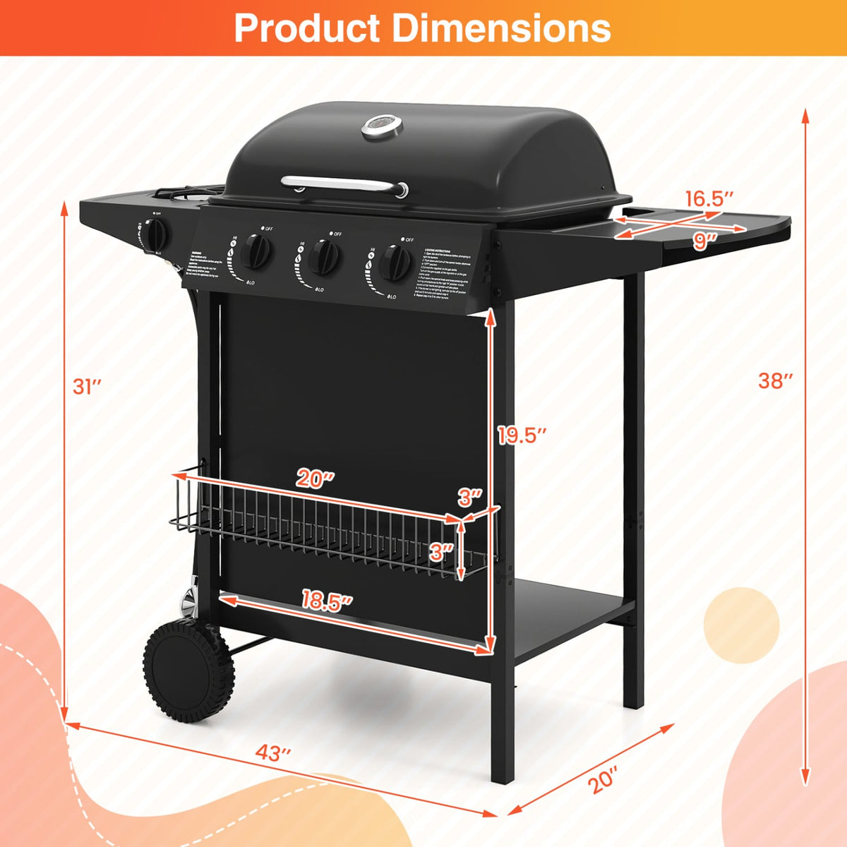 39 000 BTU Outdoor Burner Propane Gas Grill on Wheels-Black-Outdoor Grills-DECOROLALA
