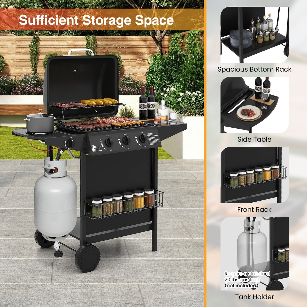 39 000 BTU Outdoor Burner Propane Gas Grill on Wheels-Black-Outdoor Grills-DECOROLALA
