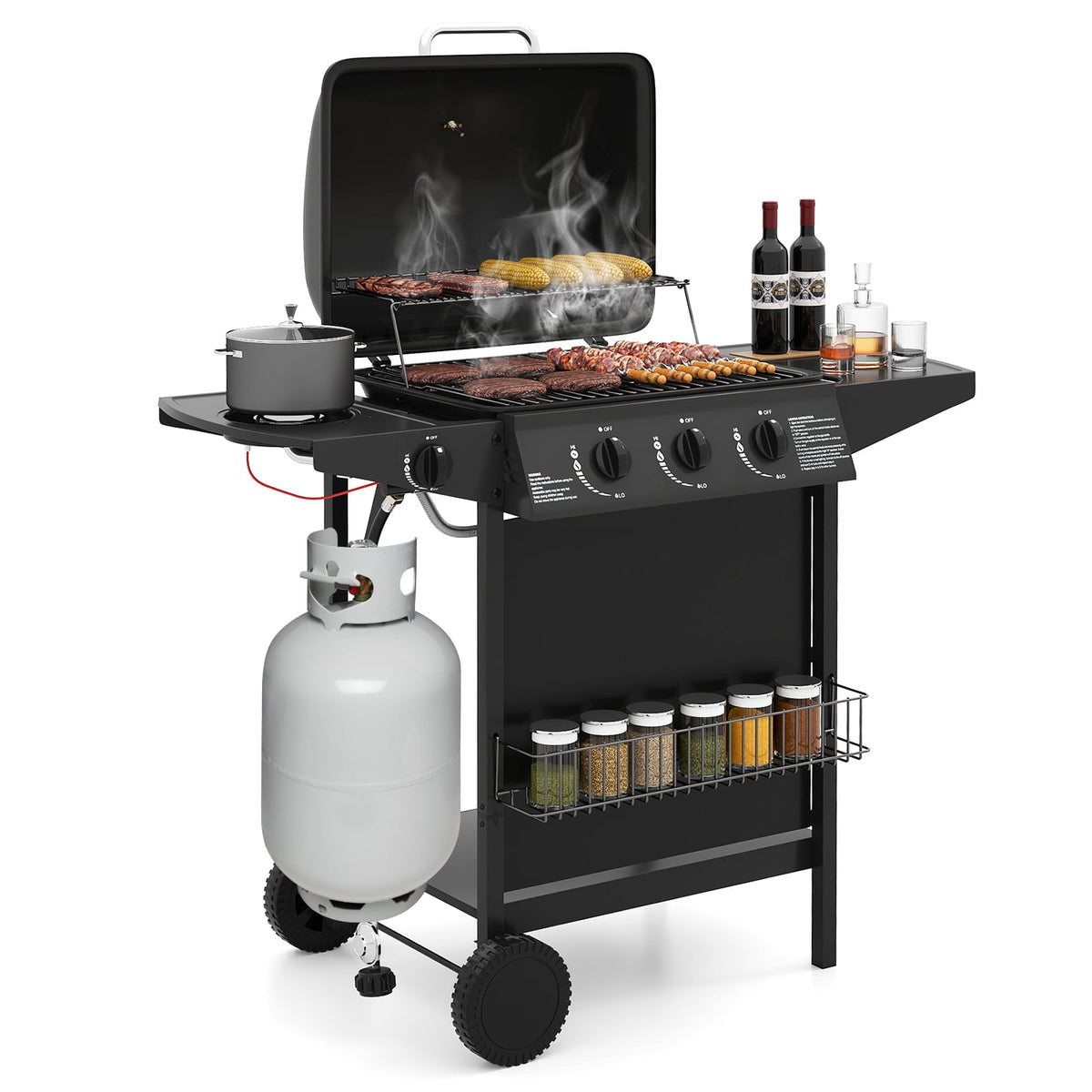 39 000 BTU Outdoor Burner Propane Gas Grill on Wheels-Black-Outdoor Grills-DECOROLALA